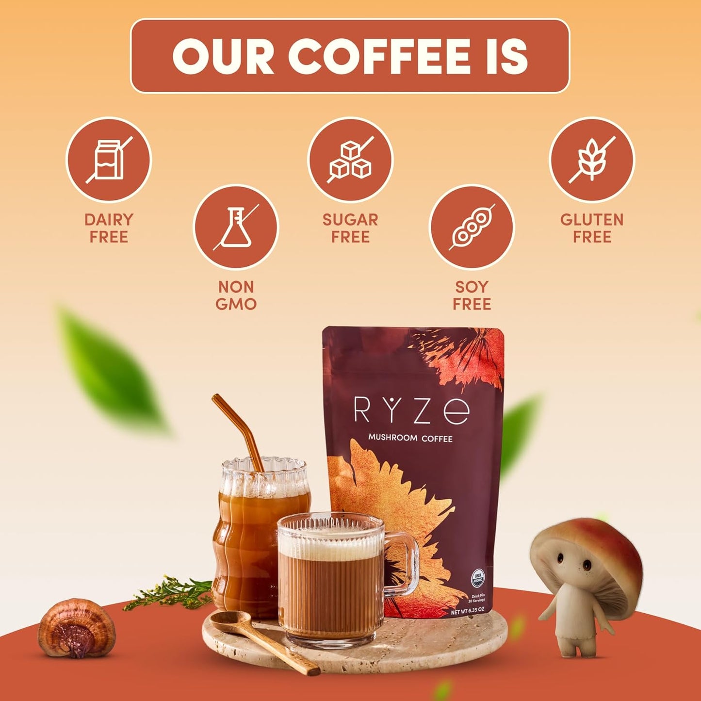 RYZE SUPERFOODS Mushroom Coffee USDA Organic with 6 Adaptogenic Mushrooms and MCT Oil, USA Grown Instant Coffee for Better Energy, Focus, Digestion, Immunity with Lions Mane & Turkey Tail, 30 servings